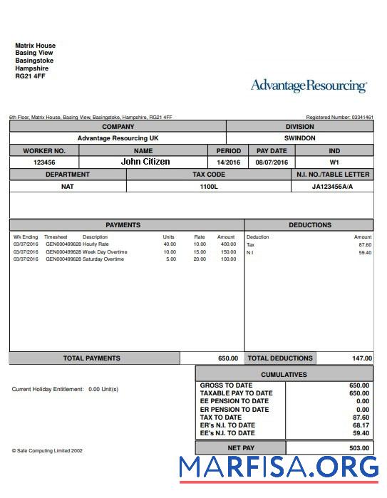Downloadable USA Advantange resourcing paystub sample